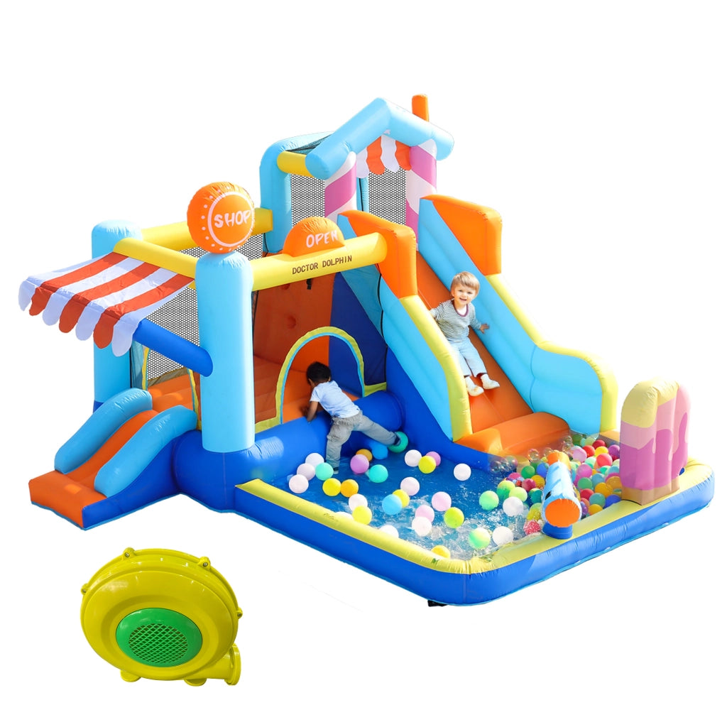 Castello gonfiabile con doppio scivolo area giochi d'acqua trampolino in tessuto oxford blu per bambini con motore 450 W