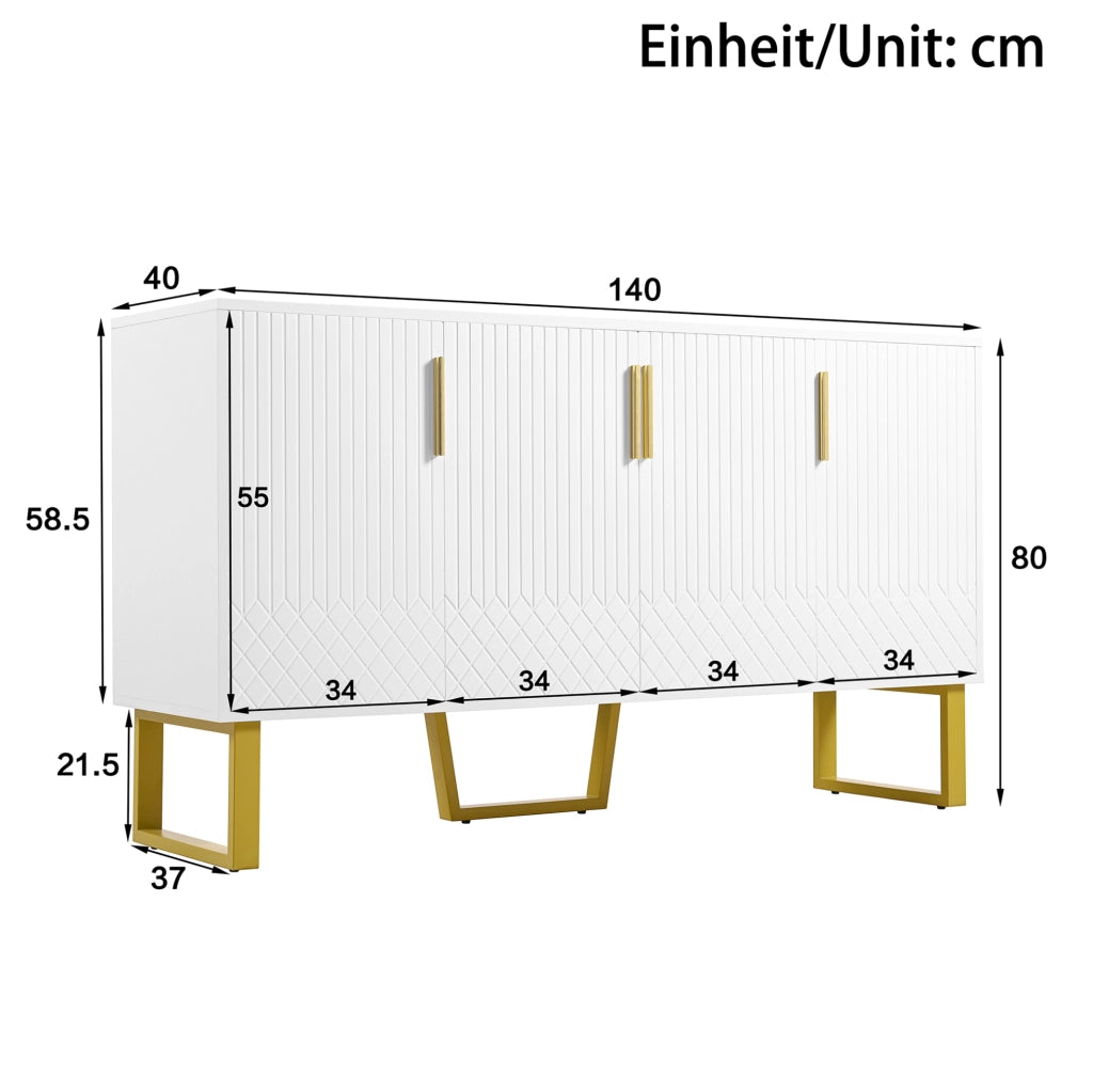 Credenza 140x40x80 cm a 4 ante con ampio spazio contenitivo in MDF bianco
