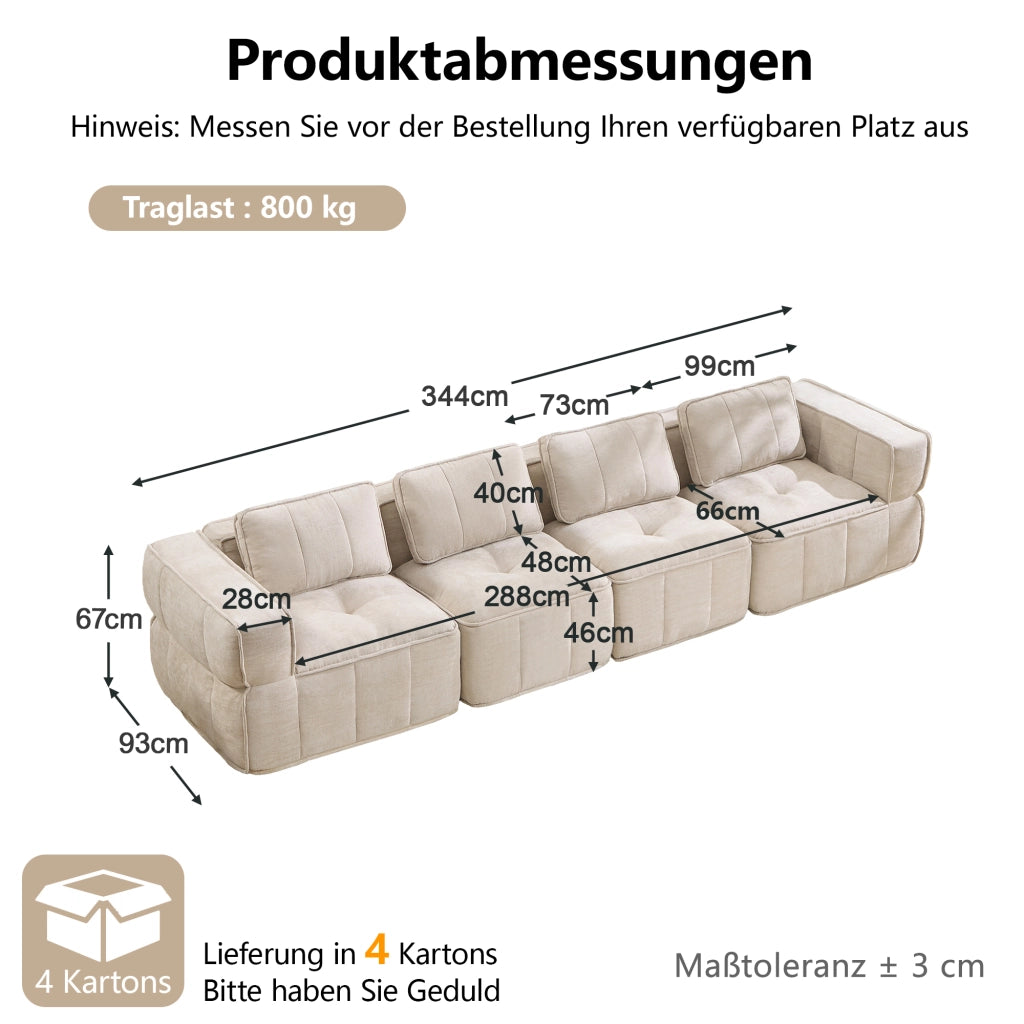 Canapé modulare a 4 posti senza struttura con schiuma 32D tessuto in poliestere beige ampia seduta 344 × 93 × 67 cm