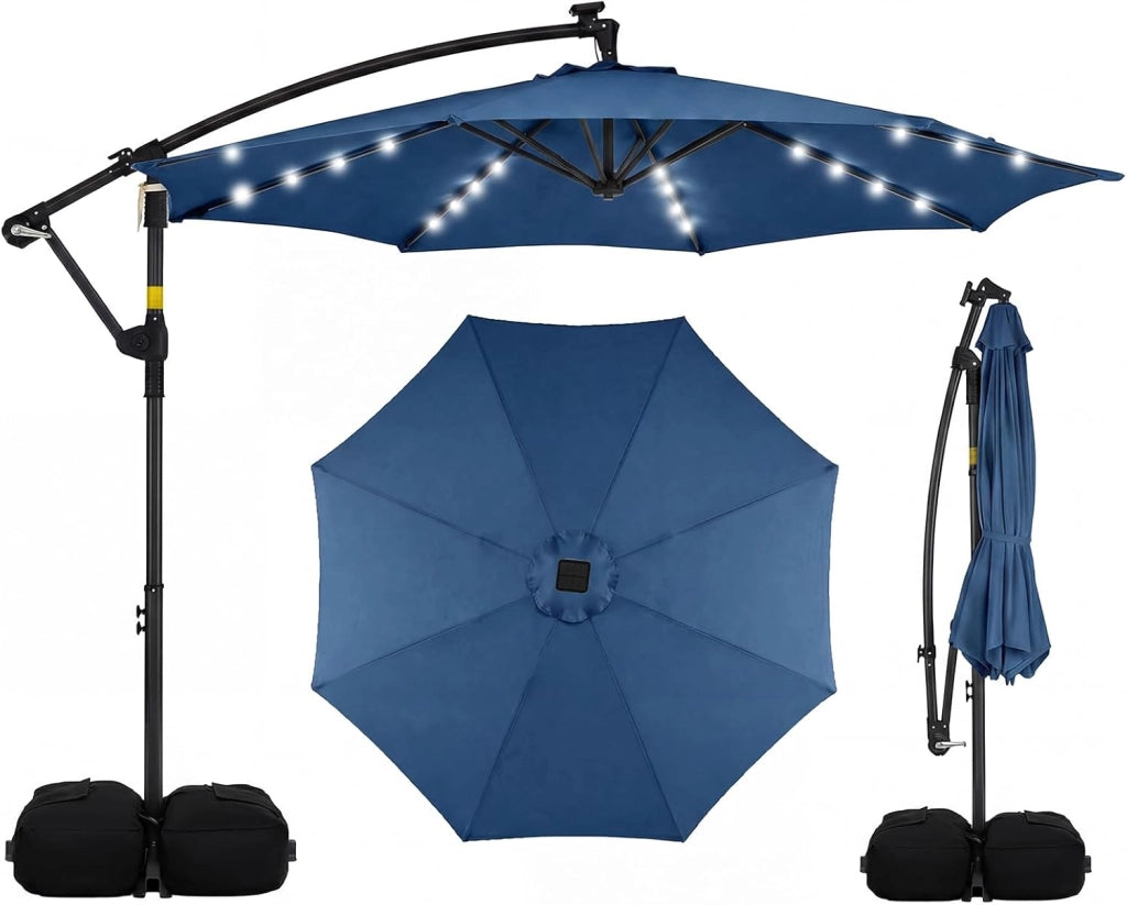 Ombrellone da Giardino 300 cm, 40 Luci LED Solari, Anti-UV, Inclinazione Regolabile, Manovella, 8 Stecche per Esterno Piscina Patio (Marrone)