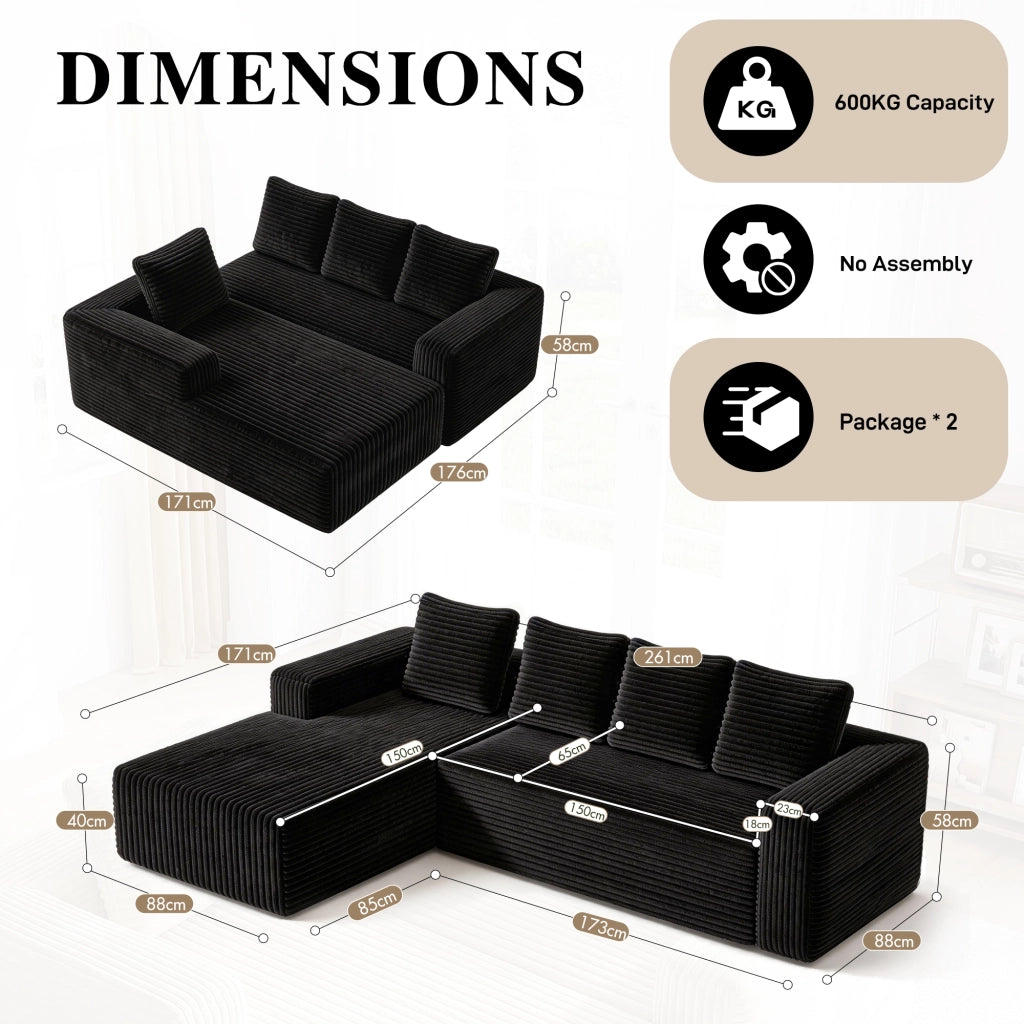 Divano angolare modulare reversibile con chaise e seduta profonda in velluto a coste nero 261 × 168 × 58 cm