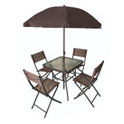 Trade Shop - Set Giardino Sharm Tavolo Con Ripiano Vetro 70x70cm 4 Sedie Pieghevoli Ombrellone Parasole - Marrone