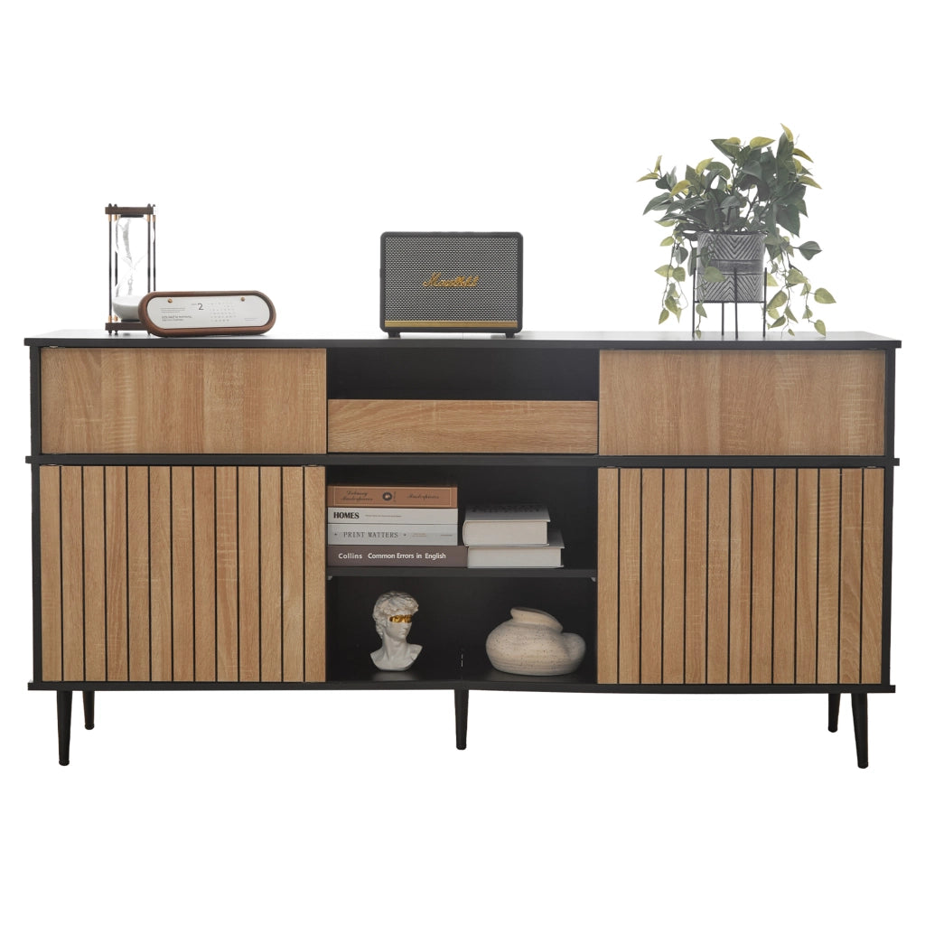 Credenza moderna con 4 ante scorrevoli e 1 cassetto, effetto quercia e nero, 160 x 40 x 80 cm