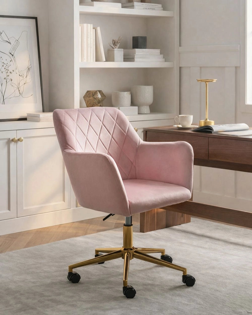 Sedia da ufficio in velluto color rosa pastello seduta regolabile girevole stile moderno per ufficio domestico