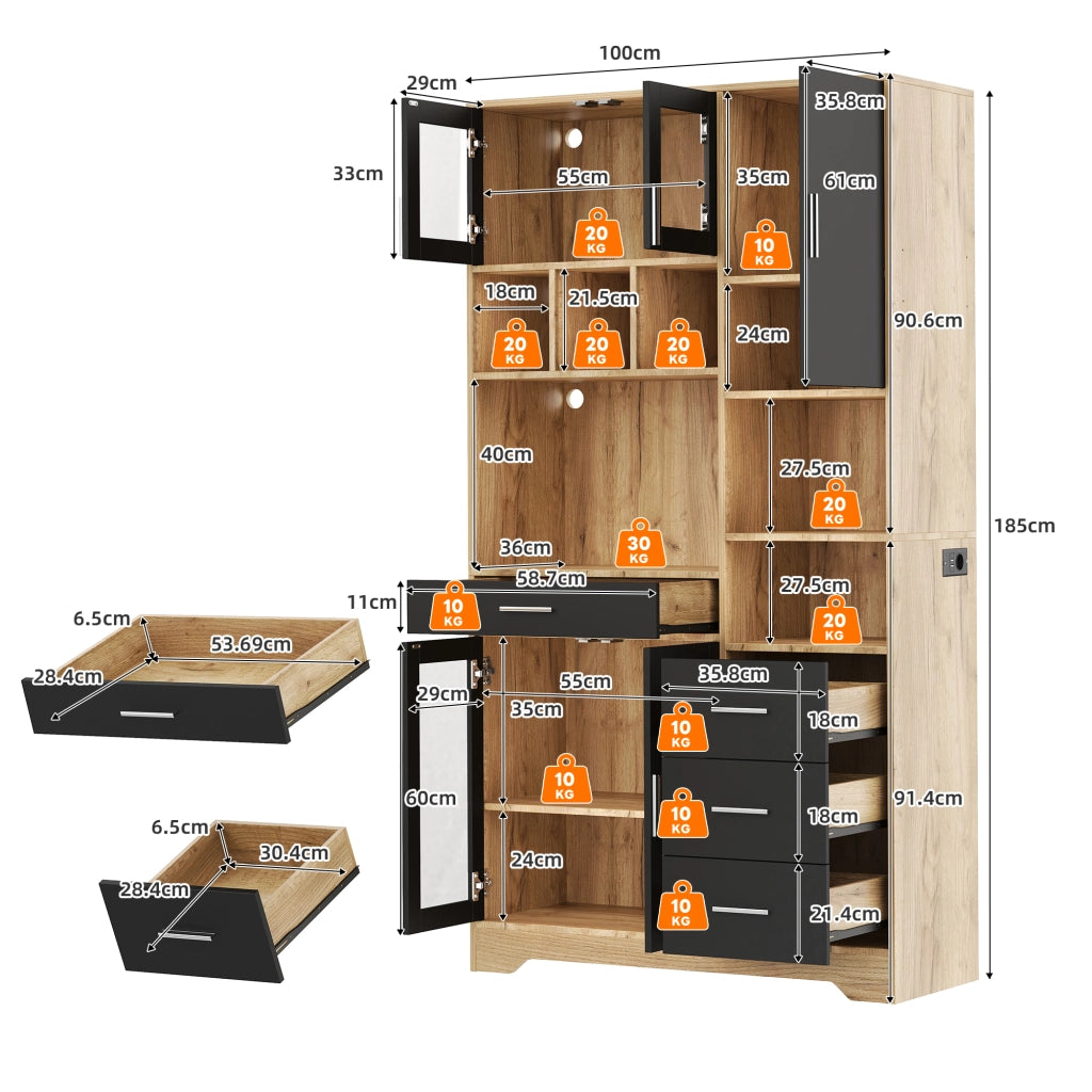 Credenza Vetrina da Cucina con Ripiani Regolabili e LED ¨C MINIMAL ¨C 185x100x40 cm