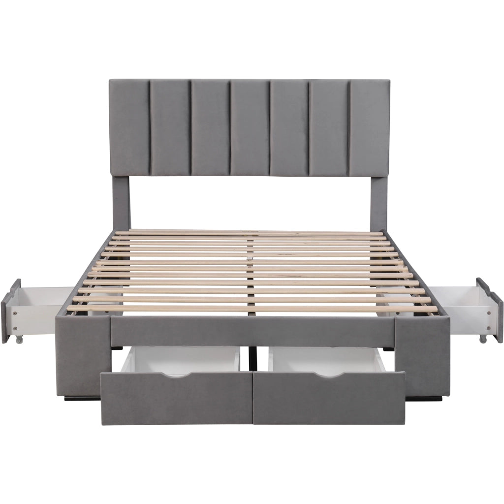 Letto imbottito 140x200 cm in velluto grigio con rete a doghe e 4 cassetti