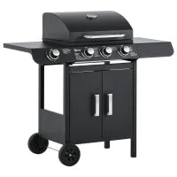 Barbecue a Gas con Coperchio, 4 Bruciatori da 11.6kW, Fornello, Mensola e 2 Ruote, 110x50x100cm Nero
