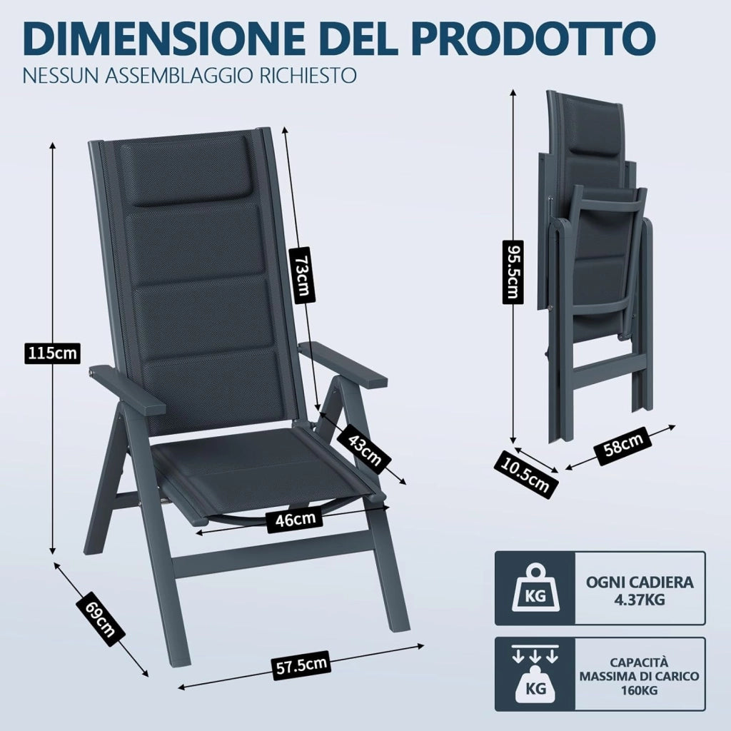 Set 4 Sedie da Giardino Pieghevoli in Alluminio - Poltrona da Giardino Esterna Regolabile in 7 Posizioni, Sedia Portatile a Schienale Alto Adatta a Tutte Tavole per Giardino, Terrazza, Piscina