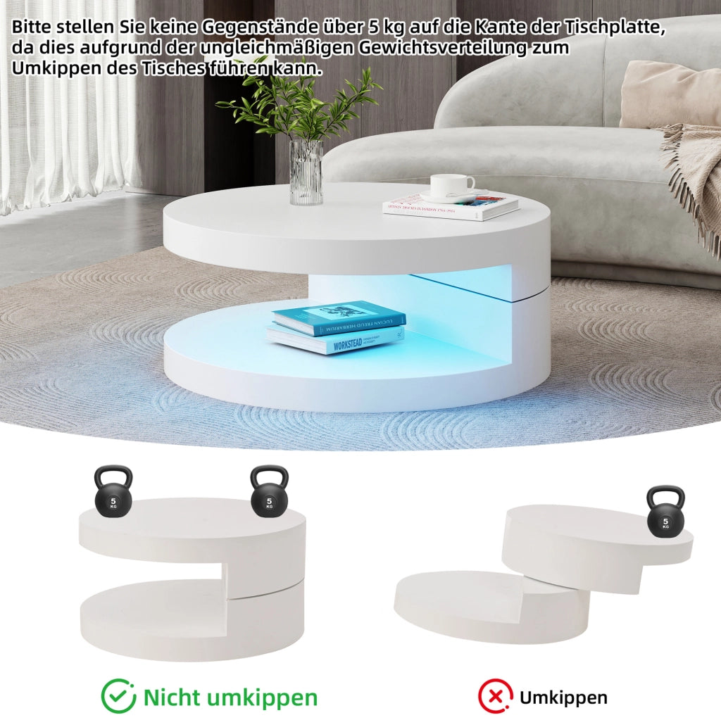 Tavolino da caffè rotondo MDF bianco con LED e piano girevole