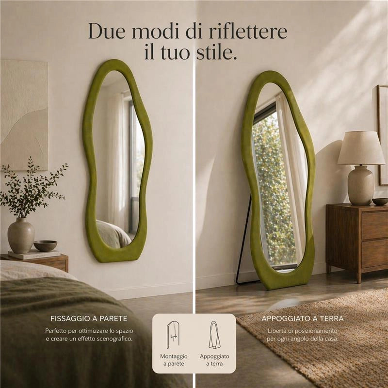 SPECCHIO ONDA IN VELLUTO VERDE CON PIEDE E GANCI PER APPENDERE MISURE: 60X160 CM