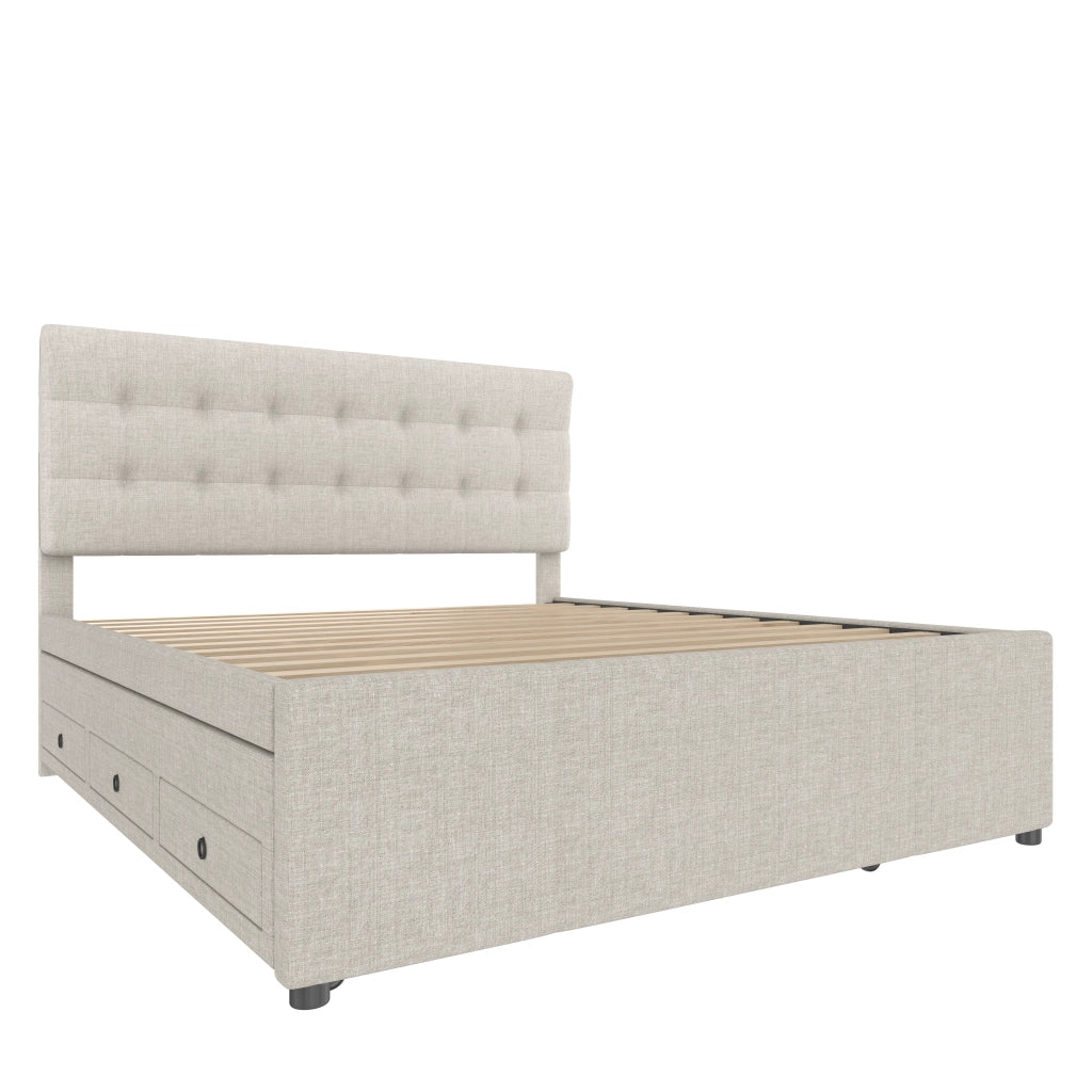 Letto imbottito estraibile 140x200 cm con 3 cassetti, testiera regolabile, beige, senza materasso