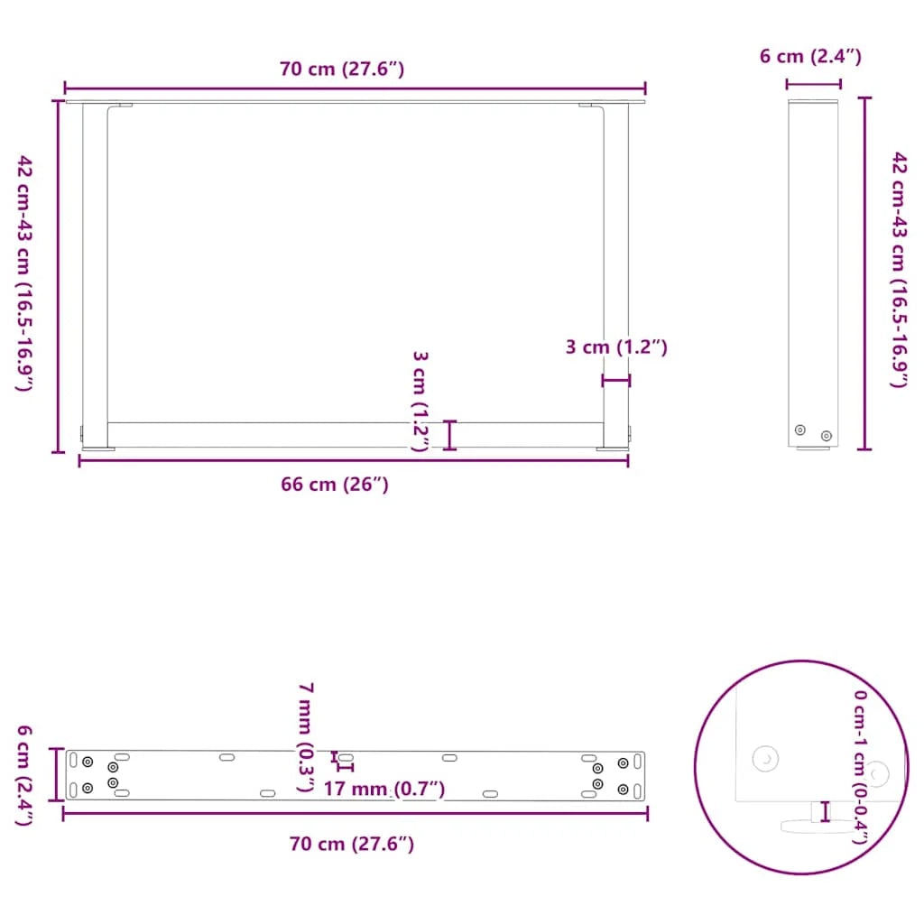 Set di 2 gambe per tavolino a forma di U 70 x 42-43 cm con piedini regolabili stile moderno acciaio bianco 02_0057405