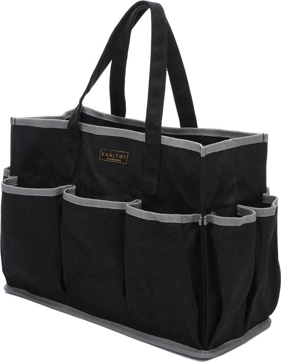 Giretta con 1 grande capacità e 10 piccoli contenitori, tela impermeabile in canapa, borsa da 16 oz tela impermeabile per giardinieri, meccanici e artigiani, nera