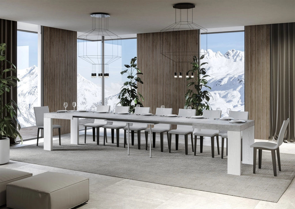 Tavolo Allungabile 130/390x90x77 cm Roxell Mix piano Cemento gambe Bianco Frassino