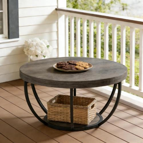 Tavolino da caffè con 2 ripiani - per soggiorno - in metallo e legno - grigio - 89×86.5×10.5 cm