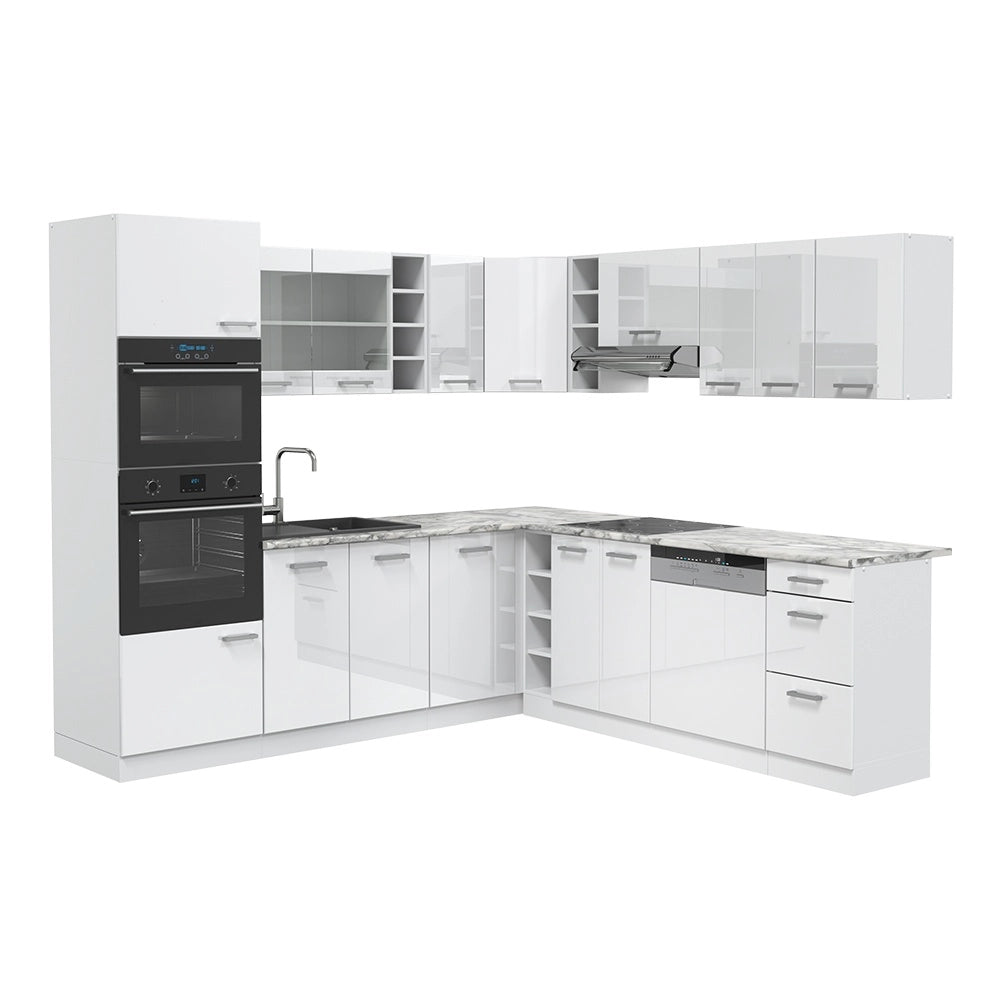Cucina angolare completa R-Line Bianco lucido/Bianco 247 x 237 cm senza piano di lavoro Vicco