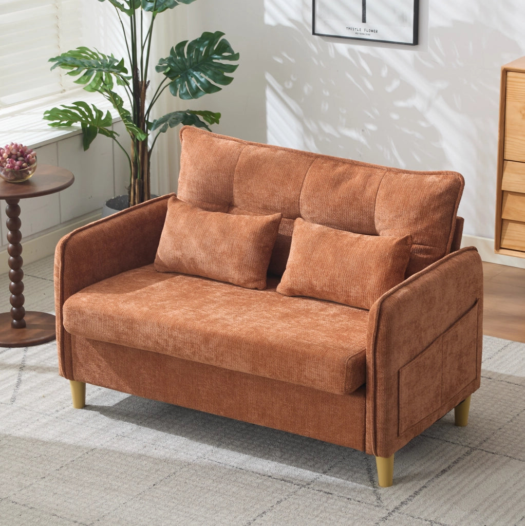Divano 2 posti 127 cm in ciniglia marrone con tasche laterali HOMVRA