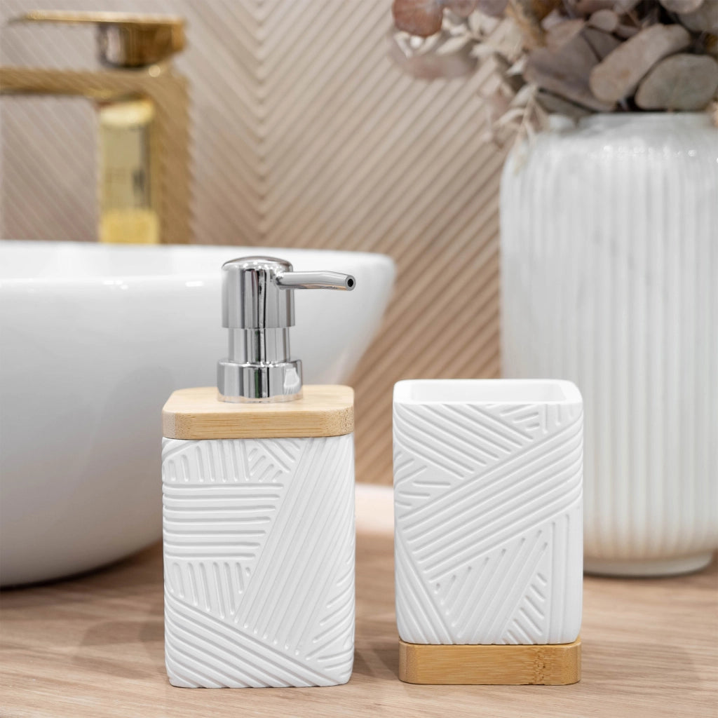 Set da bagno KADAX con dispenser di sapone liquido e bicchiere da bagno, colore bianco.
