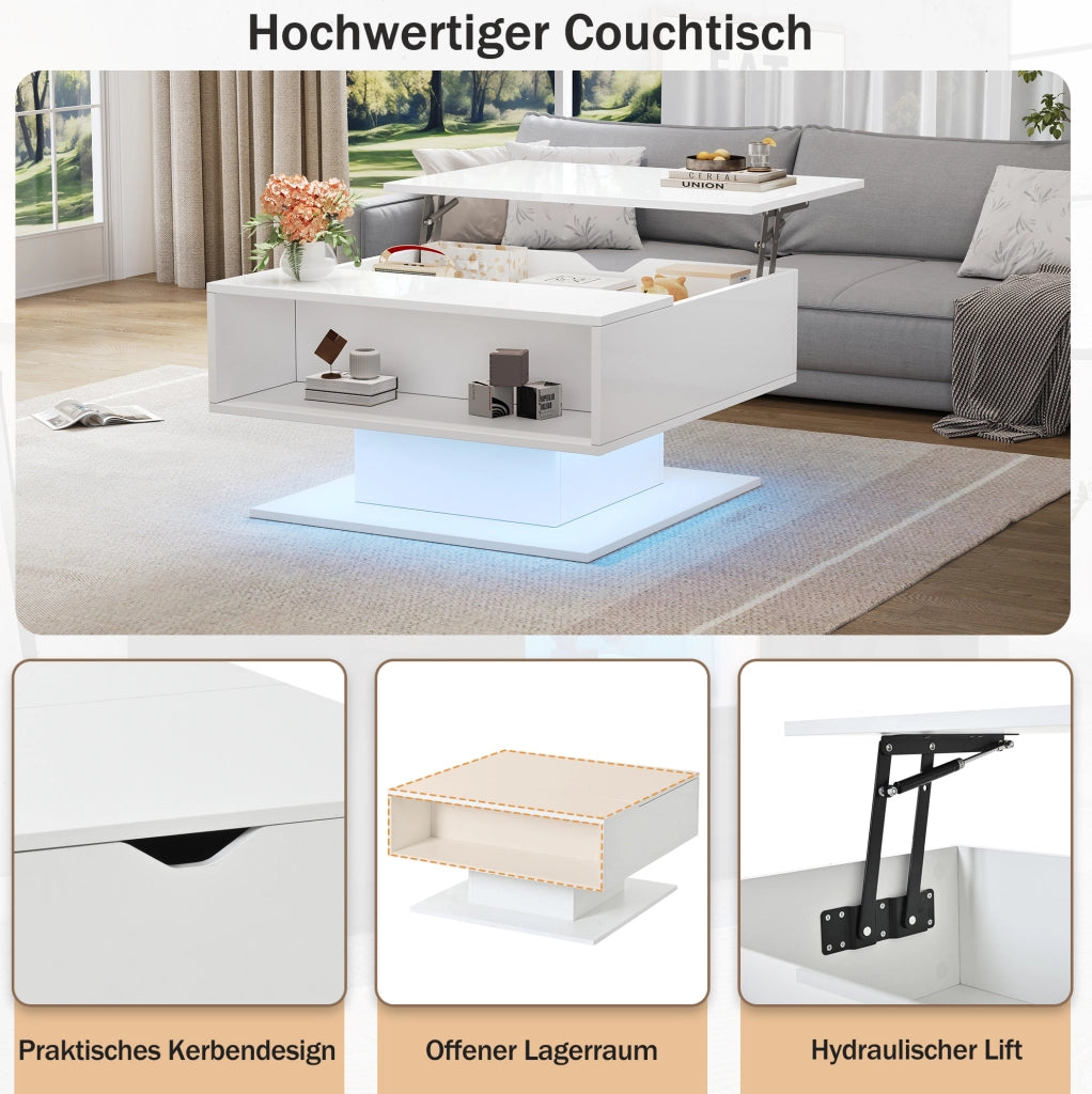Tavolino sollevabile con illuminazione a LED e spazio contenitivo