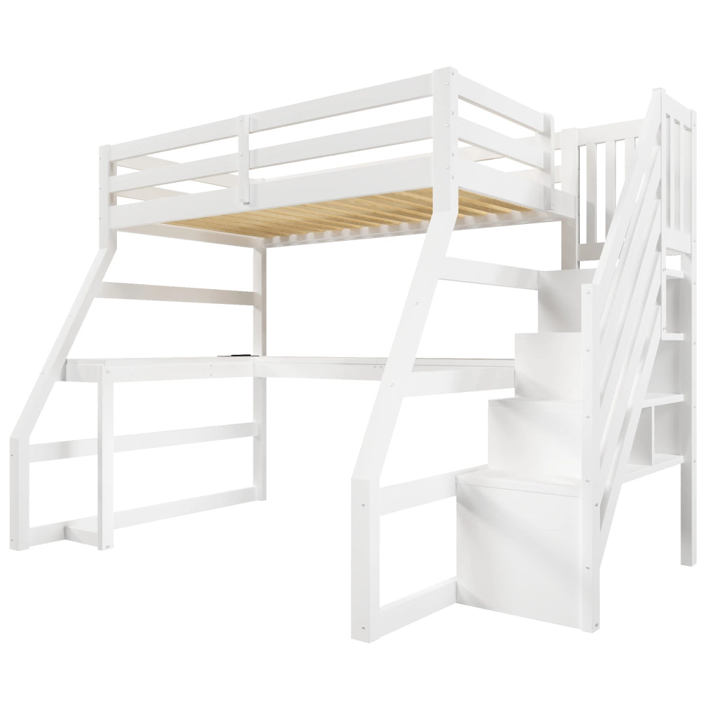 Letto a soppalco 90x200 cm, con scrivania, illuminazione a LED e porta USB, letto per bambini, bianco