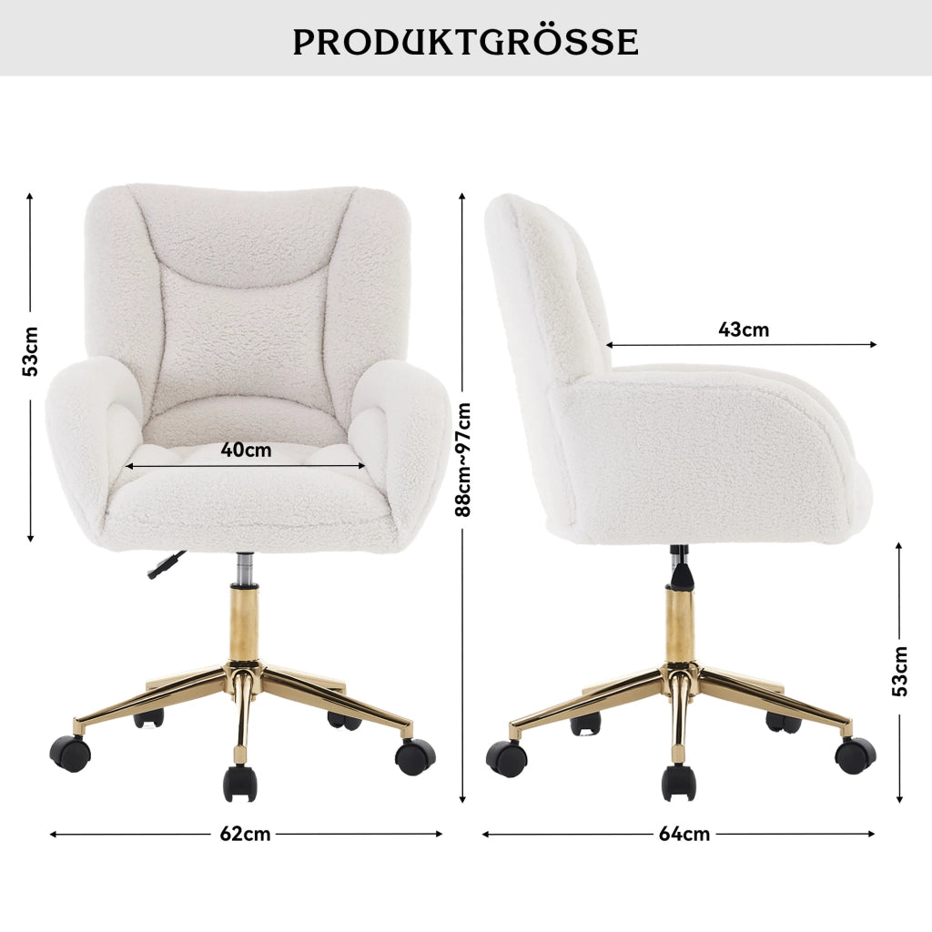 sedia da ufficio girevole regolabile in altezza con ruote e schienale ergonomico in tessuto teddy bianco 64 Ã— 62 Ã— 92.5 cm