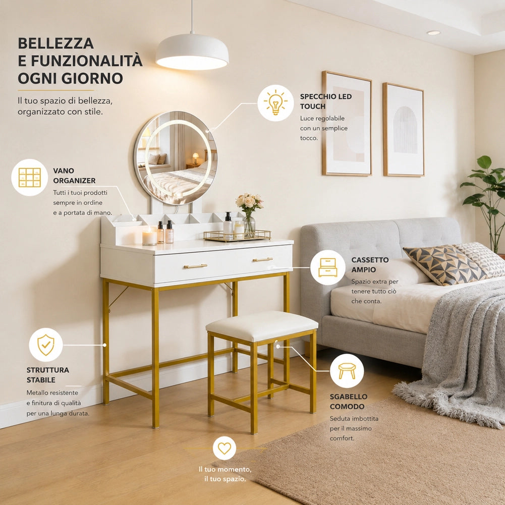 Toeletta Trucco con Sgabello e Specchio Luce LED Postazione Makeup 80x45x141cm