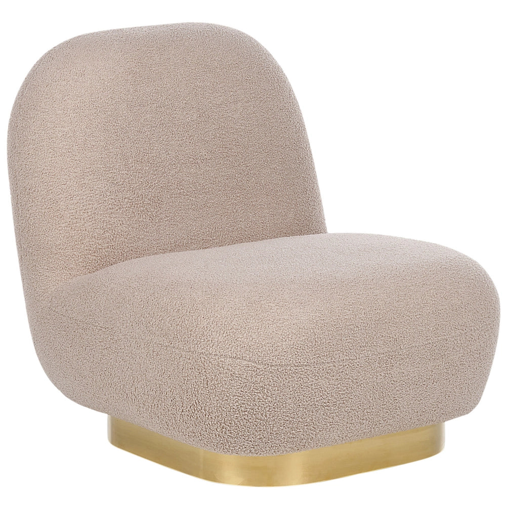 Poltrona beige in tessuto bouclé con base color oro stile contemporaneo moderno soggiorno camera da letto