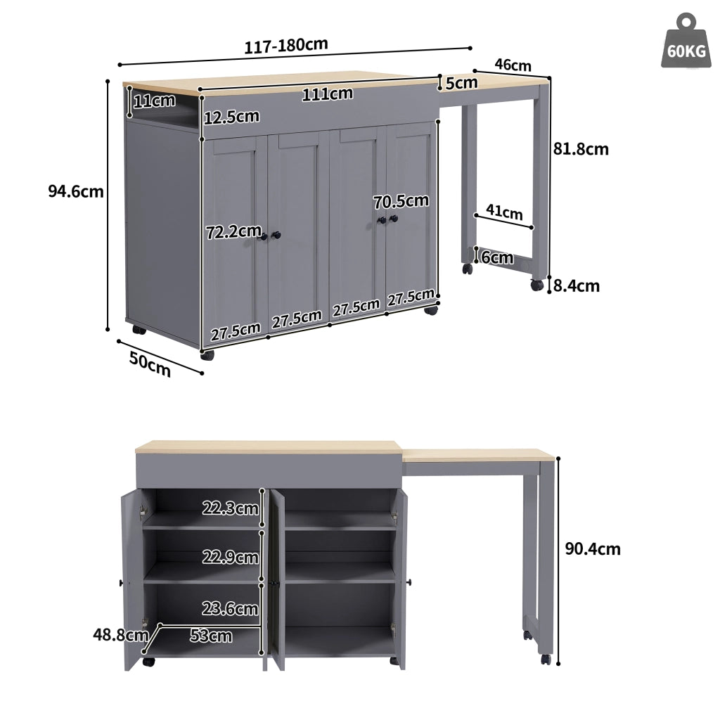 TAVOLO BAR ALLUNGABILE 117-180 x 50 x 94,6 cm Grigio MDF