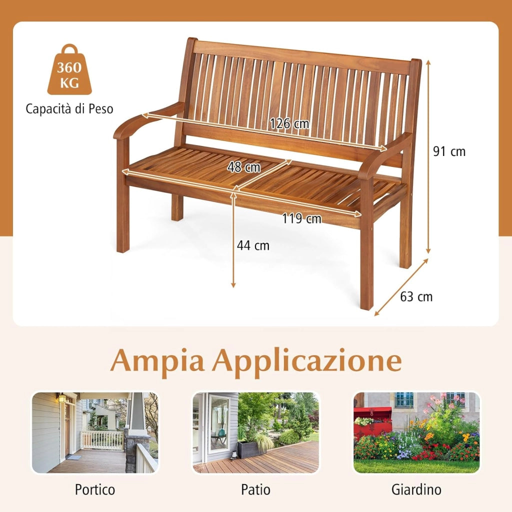 Panchina da Esterno, Panchina da Giardino in Legno con con Schienale e Braccioli, Panchina da Giardino, Balcone e Cortile, Portata 320kg, 126 x 63 x 91cm (Modello 1)