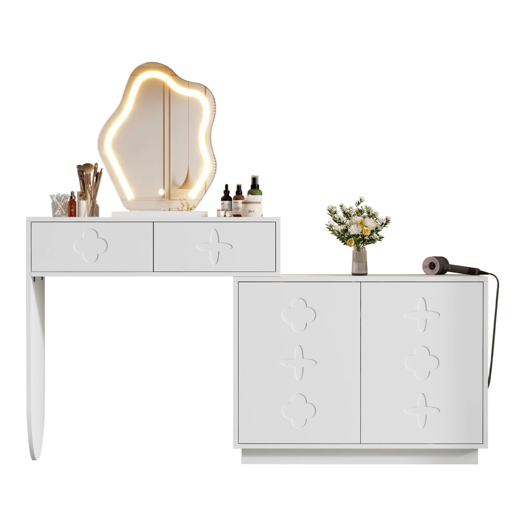 Tavolo da trucco con specchio LED, 2 cassetti e armadietto laterale con 4 scomparti, bianco, 160x40x132 cm