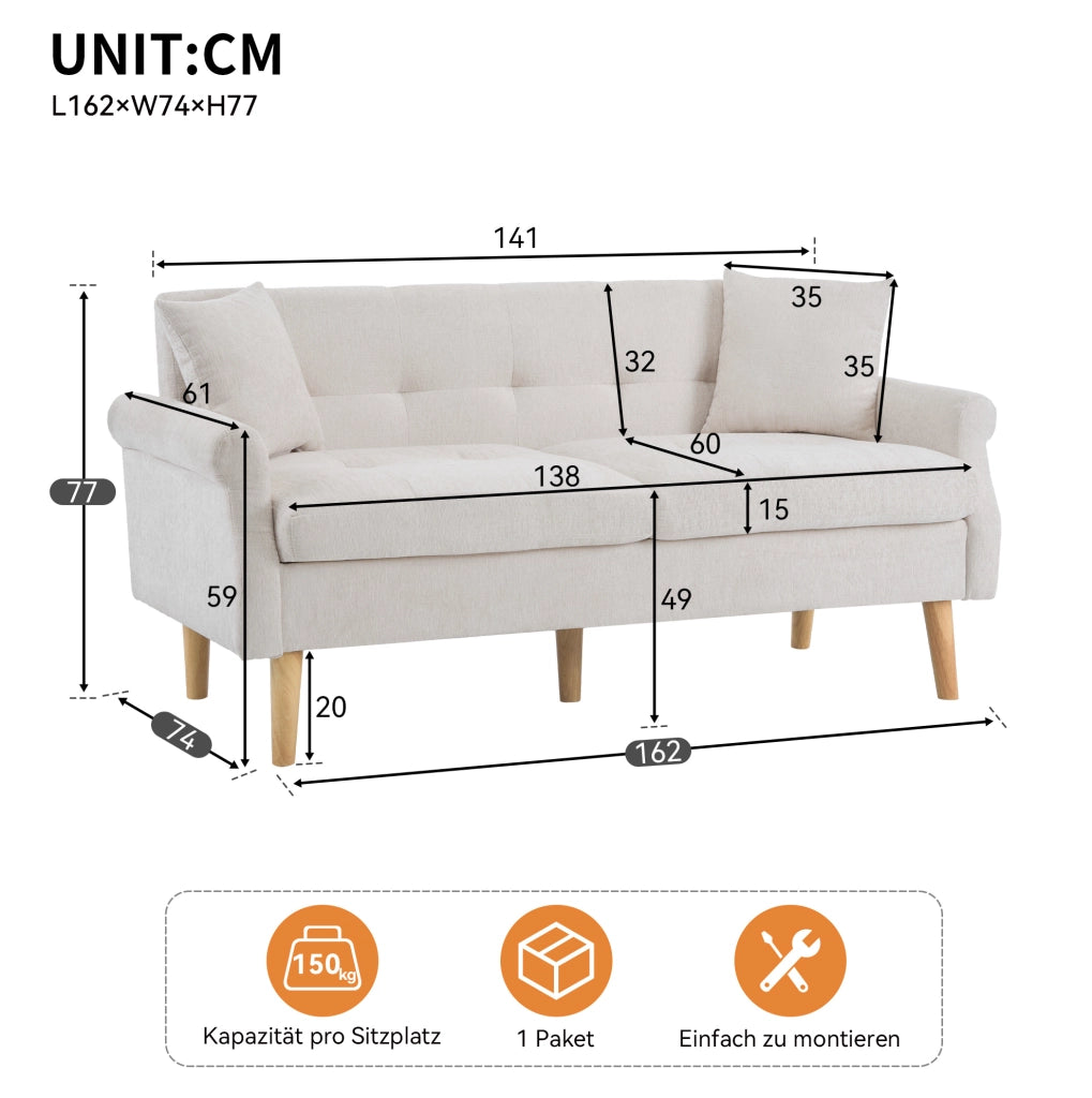 Divano 162x74x77 cm con cuscino seduta 15 cm in ciniglia beige