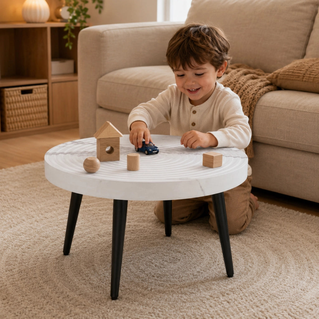 Tavolino da salotto rotondo con piano 5 cm in MDF effetto marmo; gambe in metallo regolabili; bianco; 73.99 × 73.61 × 22.5 cm