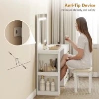 Tavolo da Trucco con specchio a LED regolabile, prese elettriche, 6 cassetti, 2 ripiani aperti, Bianco