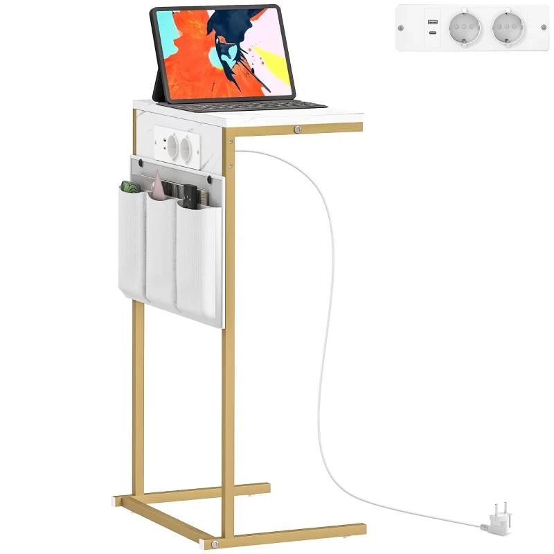 TAVOLINO DA SALOTTO A FORMA DI C EFFETTO MARMO CON PRESE DI CORRENTE E USB INTEGRATE, BIANCO