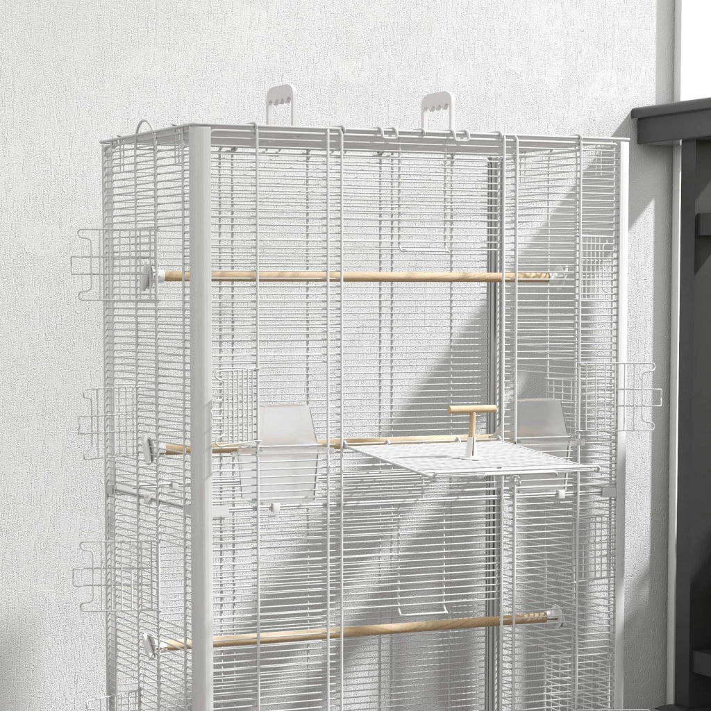Voliera Gabbia per Uccelli 61x36,5x98 cm con Vassoio Estraibile e Posatoi per Pappagalli in Acciaio Bianco