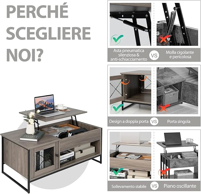 Tavolino da Salotto in Legno, Tavolino Basso Sollevabile con Scompartimento Nascosto, Tavolino da Divano Moderno per Soggiorno e Ufficio, 104 x 55 x 58 cm, Grigio