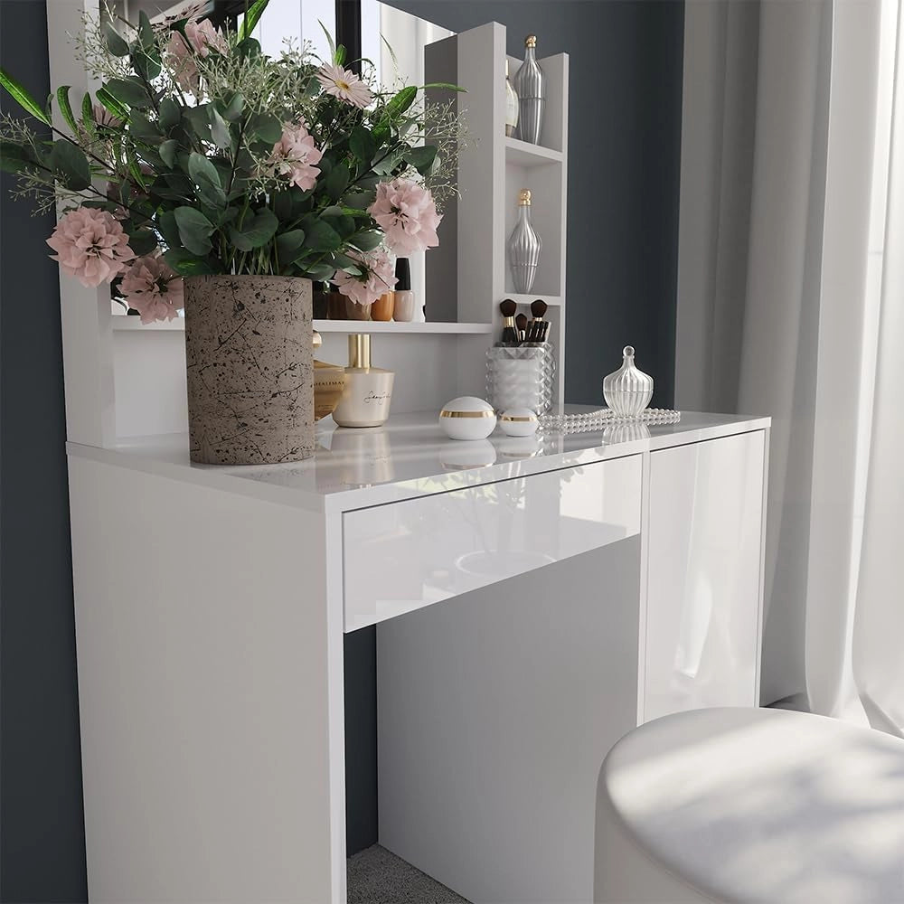 Tavolo da toeletta Sherry, Bianco/bianco lucido, 89.8 cm 4 parti