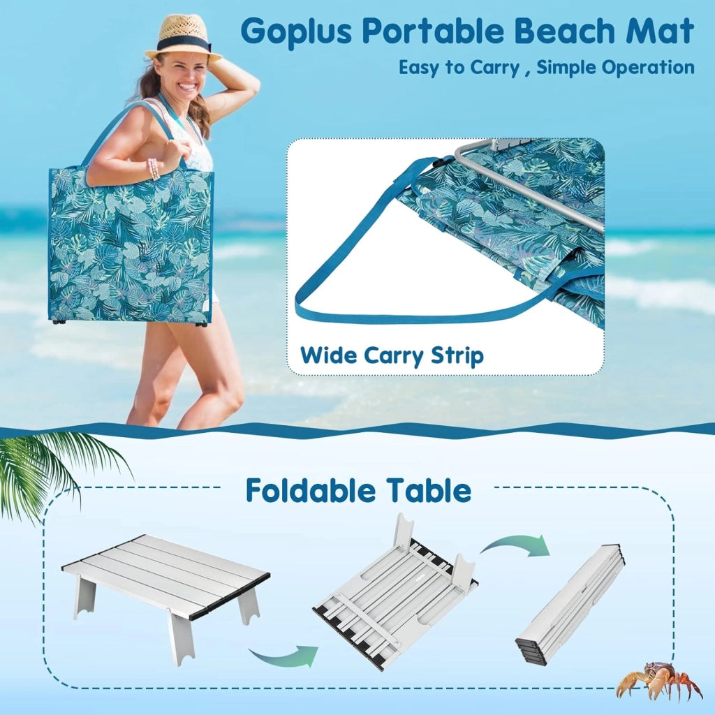 Set di 2 Materassi da Spiaggia Pieghevoli e Tavolino, Sedie a Sdraio da Spiaggia Regolabili in 5 Posizioni con Poggiatesta Rimovibile, Tasca per Giardino, Campeggio (Verde)