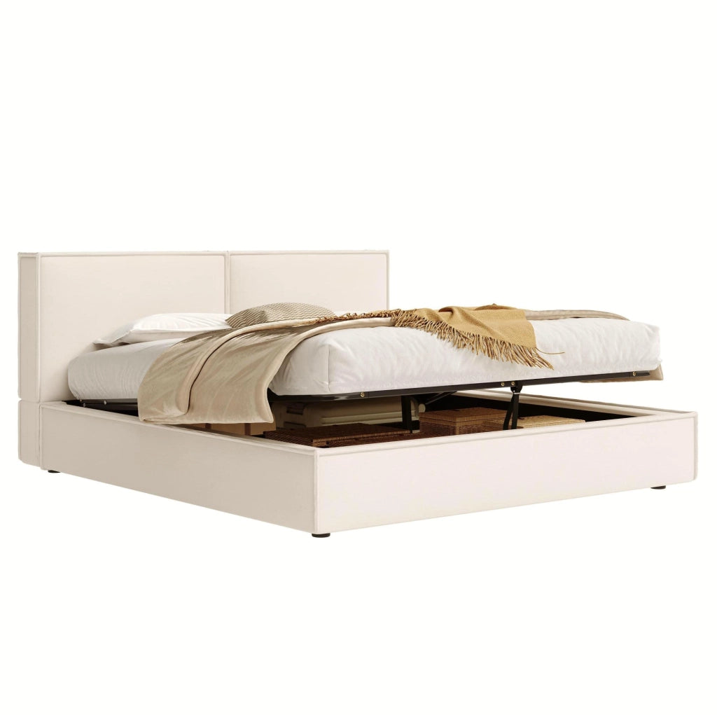 Letto matrimoniale 180x200 cm con contenitore idraulico; testiera imbottita in lino beige