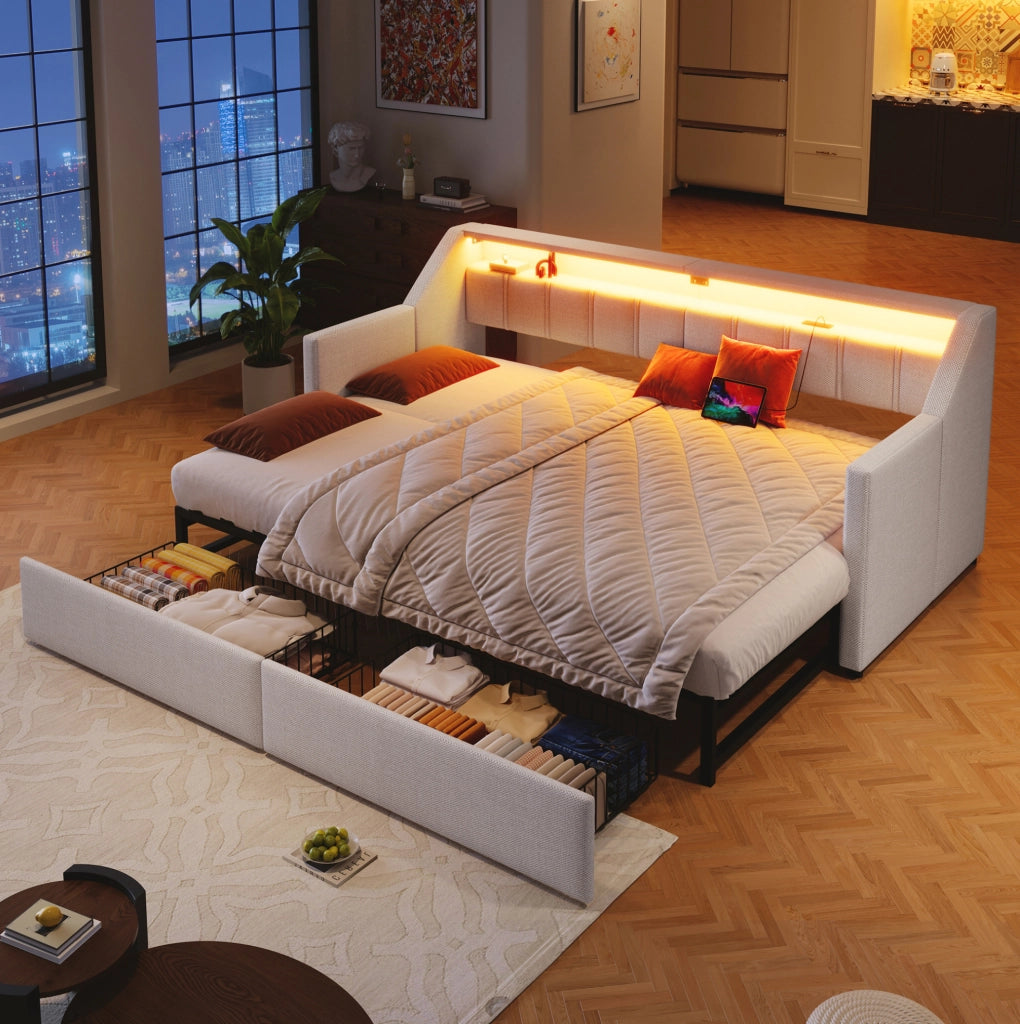 Letto estraibile con USB, Tipo C, LED, 2 cassetti e tasche portaoggetti