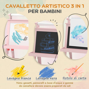 Lavagna per Bambini 59x48x118 cm a Gesso Magnetica e Rotolo di Carta in Legno Rosa