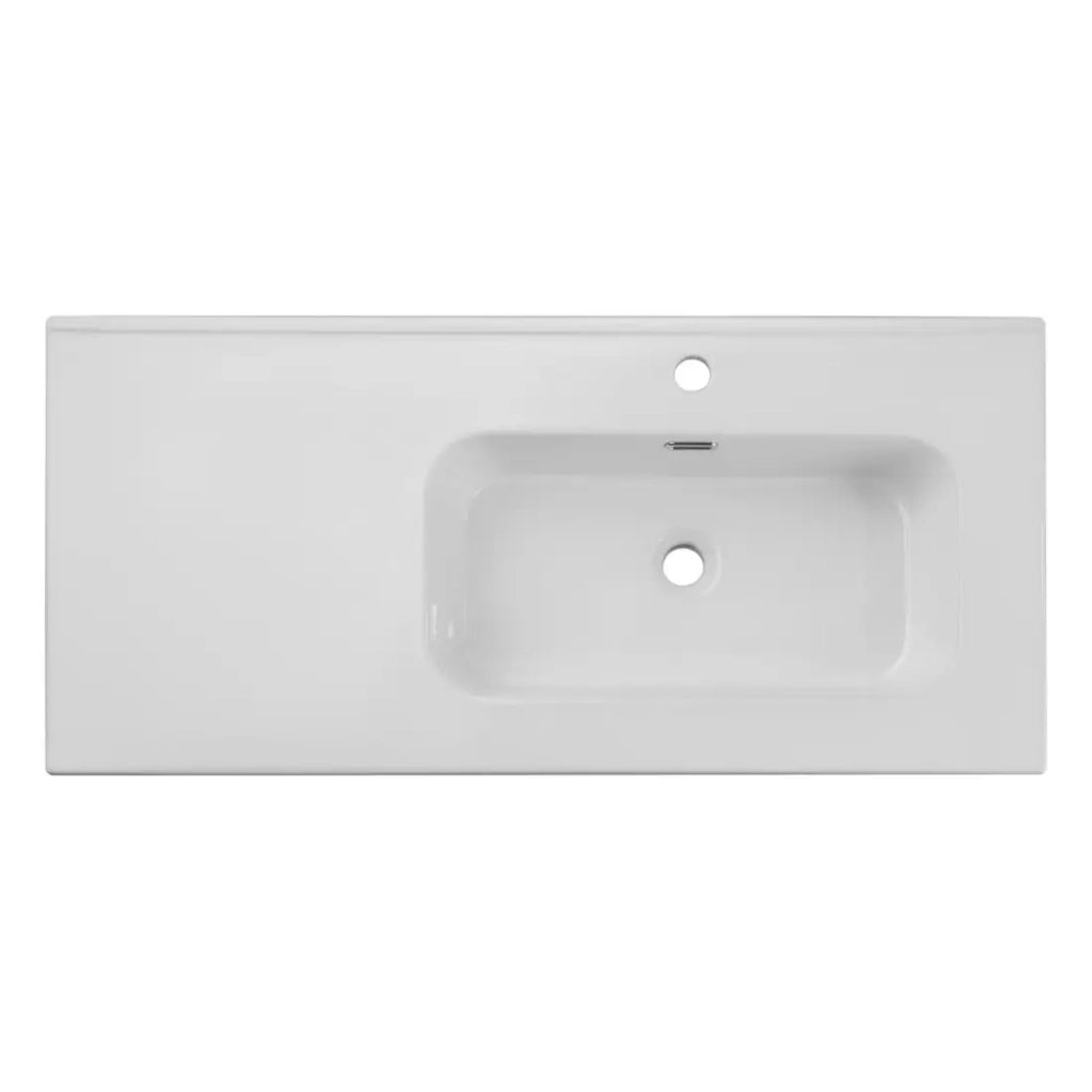 Lavabo da incasso ESSEN 100 cm in ceramica bianca lucida decentrata a destra