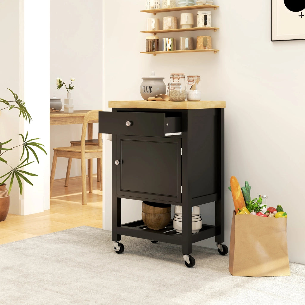Tavolino da cucina con ruote ¨C zephmum ¨C legno, 1 cassetto, nero, 63.5x40x90cm
