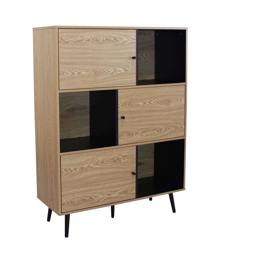 MOBILE ELWOOD NERO E NATURALE CON 3 ANTE E 3 PIANI 100 X 39,5 X H135 CM