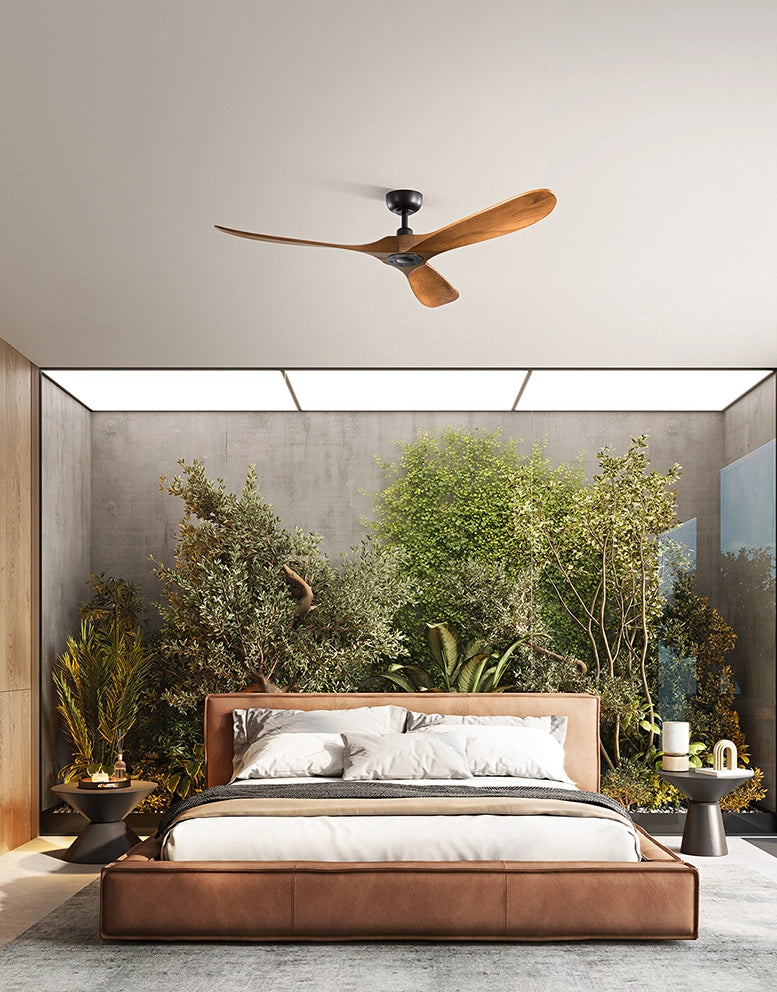 Ventilatore da Soffitto 7214 in Metallo Nero, 132 cm, Motore DC 26W, 3 Pale in Legno Noce Scuro, con Telecomando e 6 Velocità - Perenz