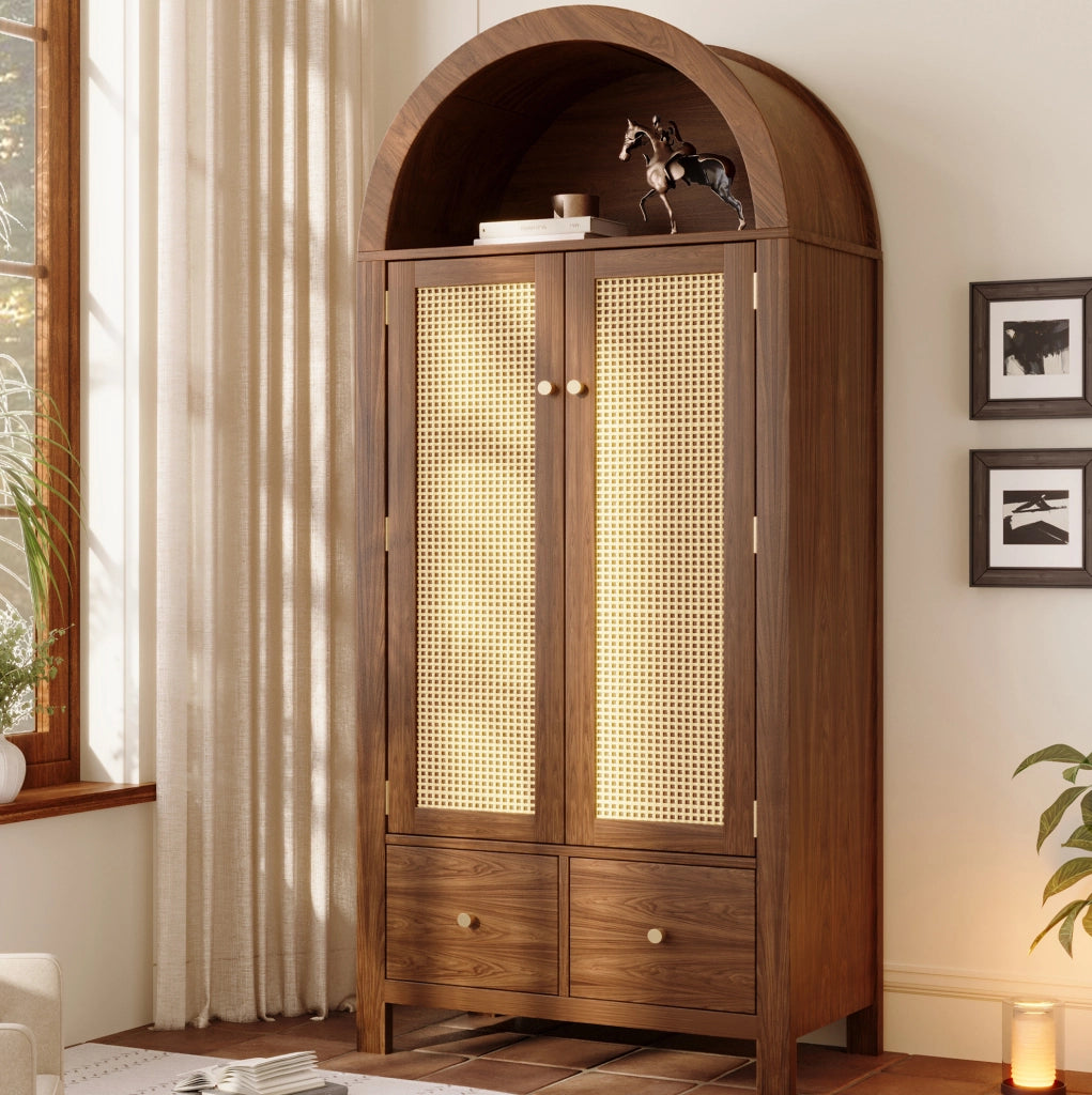 Armadio guardaroba 181x78x45 cm con effetto noce; intreccio rattan; 2 cassetti