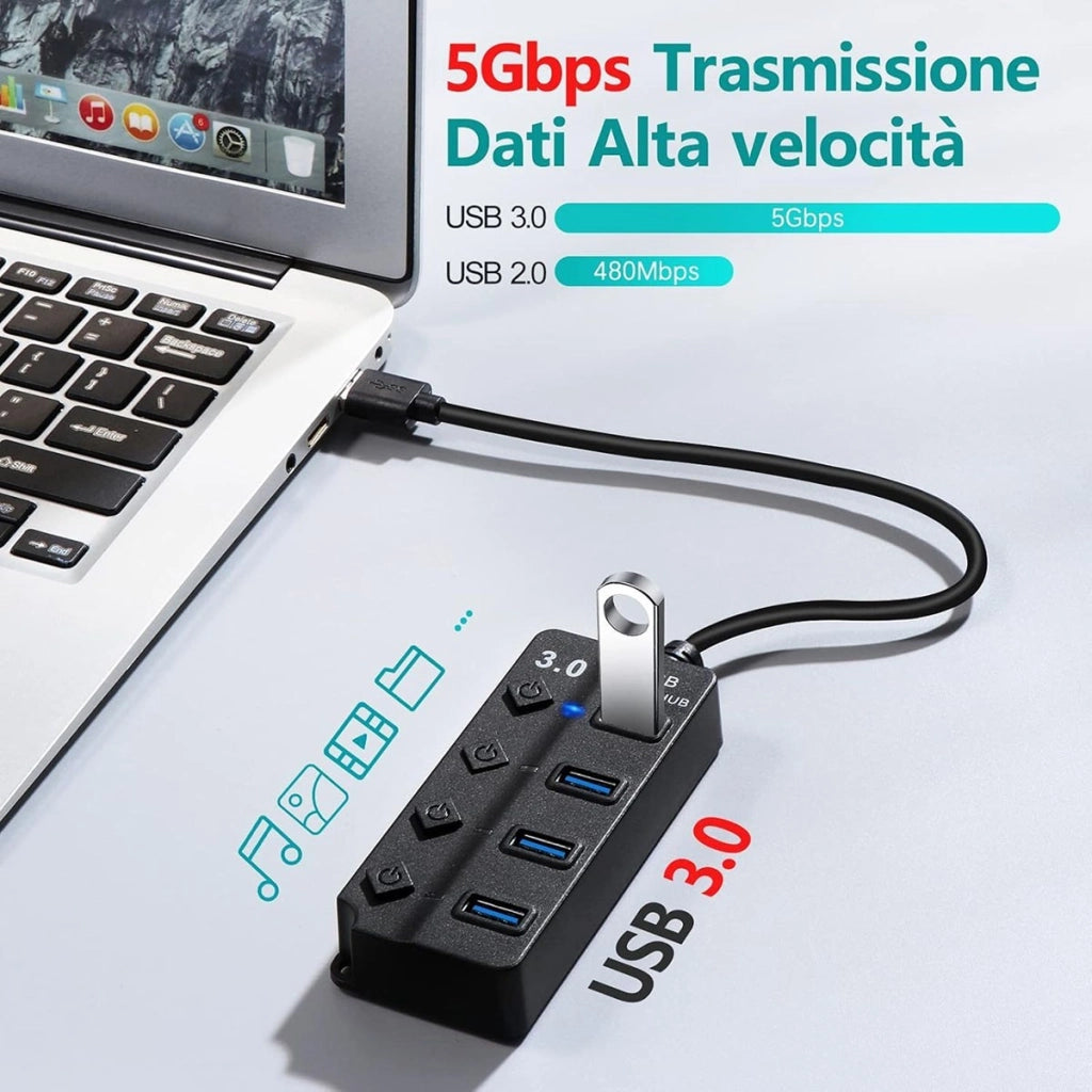 HUB USB 3.0 4 PORTE INTERRUTTORI INDIPENDENTI LED TRASFERIMENTO DATI AS-08055