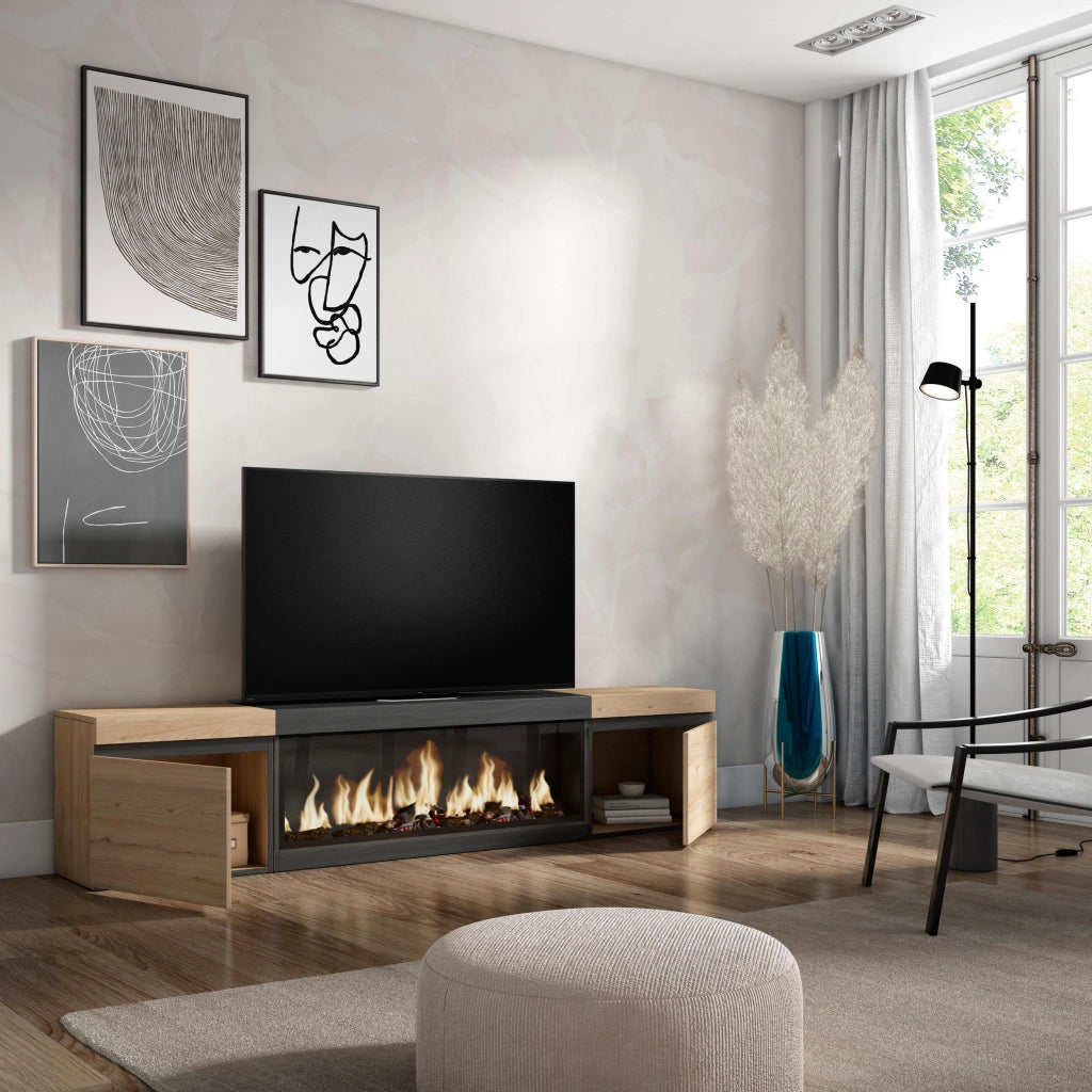 Mobile TV Soggiorno, 208x35x45cm, Per TV fino a 80", Camino elettrico XXL, colore Rovere e nero RF3265