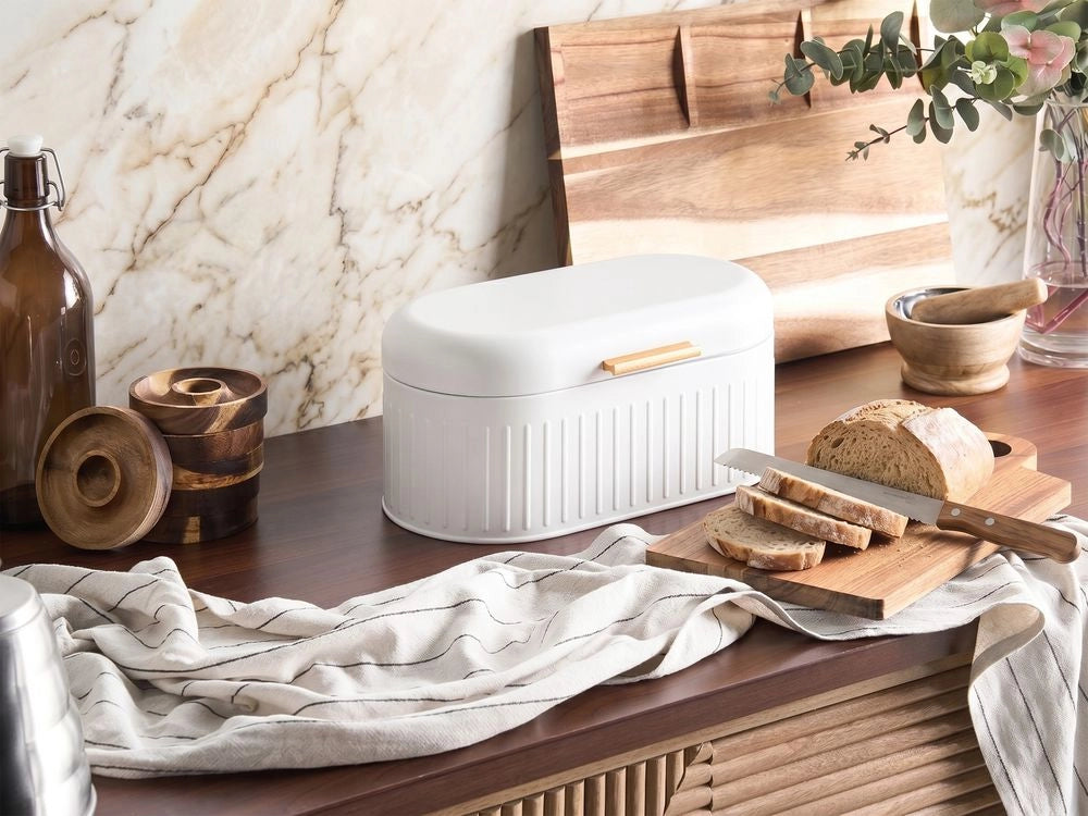 Contenitore per il pane in ferro bianco 33 x 17 x 16 cm decorativo con coperchio per cucina moderna
