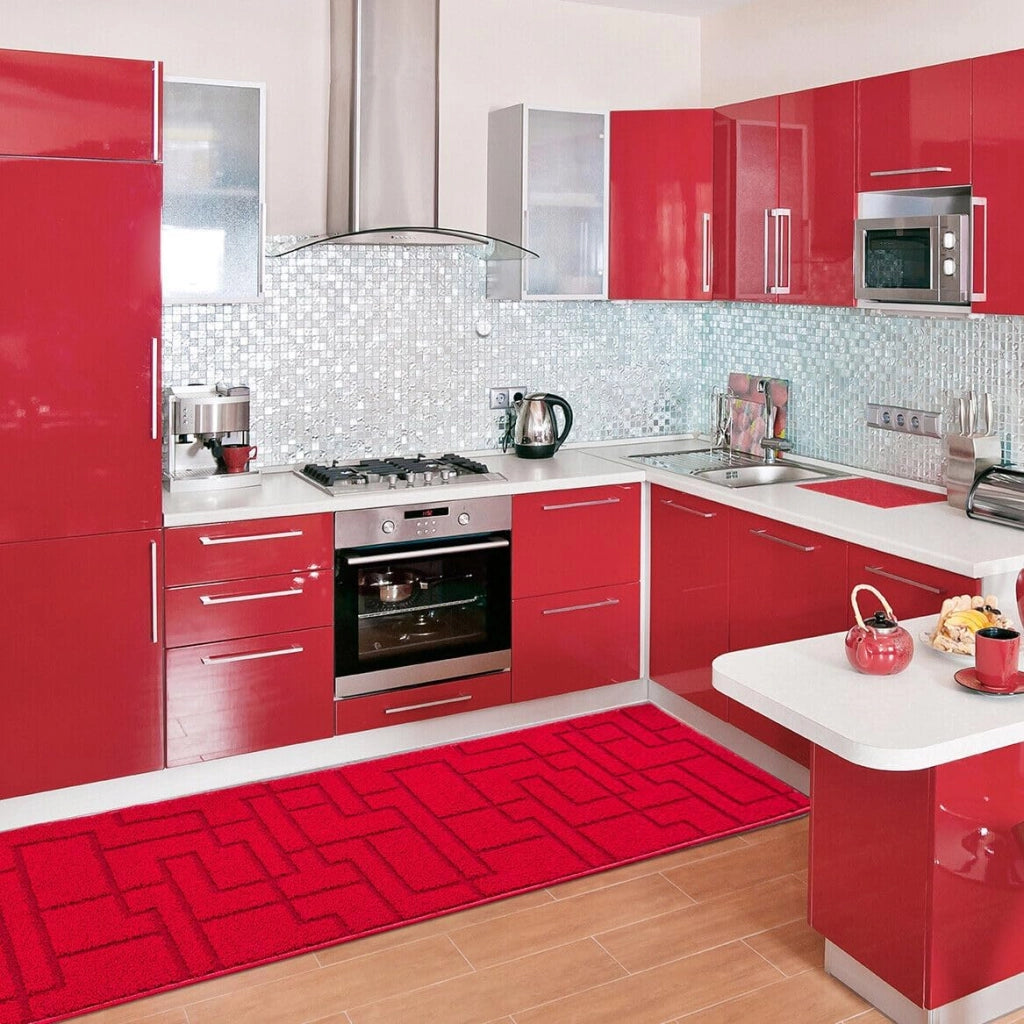 Tappeto Casa Cucina 3D 50x290 Cm Design Geometrico Moderno Assorbente Antiscivolo Bordeaux